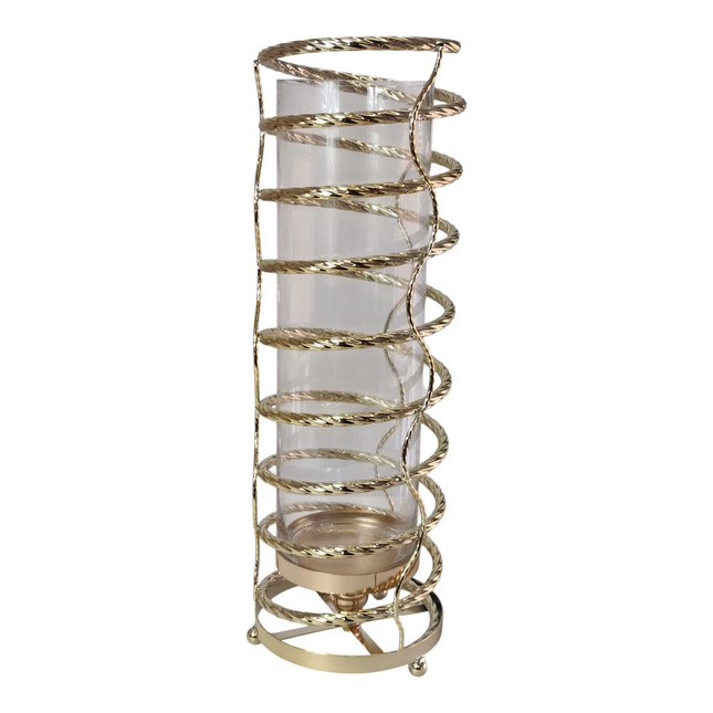 Castiçal alto em vidro e metal dourado com design moderno em espiral, 62 cm