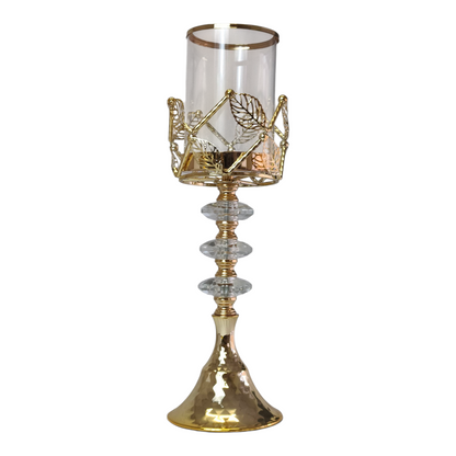 Portavelas Alto de Cristal y Metal Dorado con Detalles de Hojas – 42cm