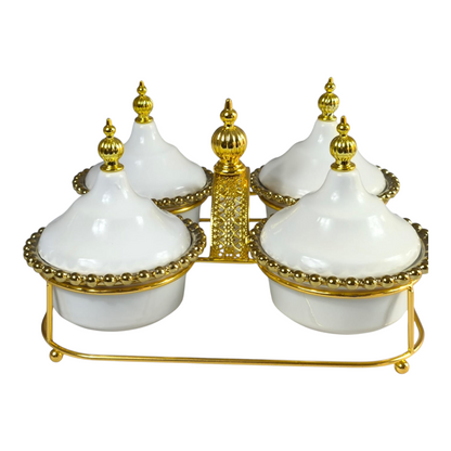 Set de 4 Mini Tagines de Cerámica con Detalles Dorados y Soporte Metálico