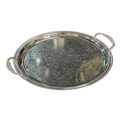 Bandeja Redondeada Plateada Grabada con Asas Texturizadas