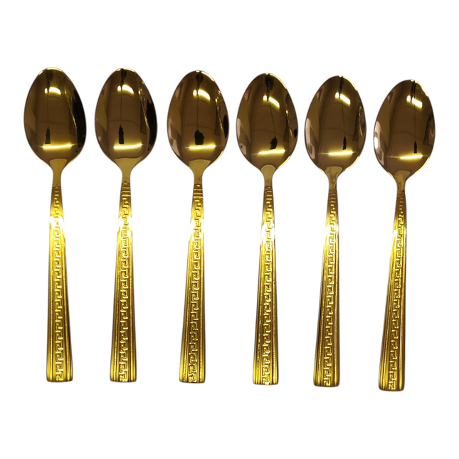 Set of 6 Gold Spoons – Stainless Steel with Greek Key Design | Mirror Finish