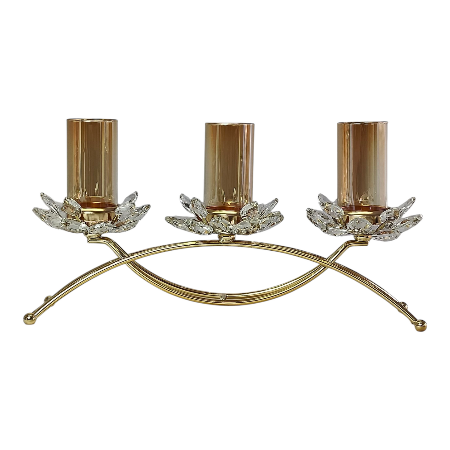 Portavelas Triple de Cristal y Metal Dorado con Diseño de Flores de Loto