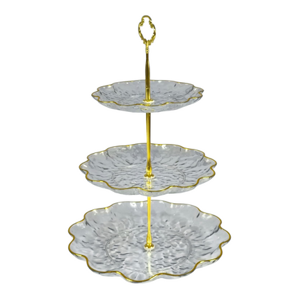 🍰 Soporte de Plástico de 3 Niveles con Bordes Dorados – Ideal para Postres y Aperitivos ✨