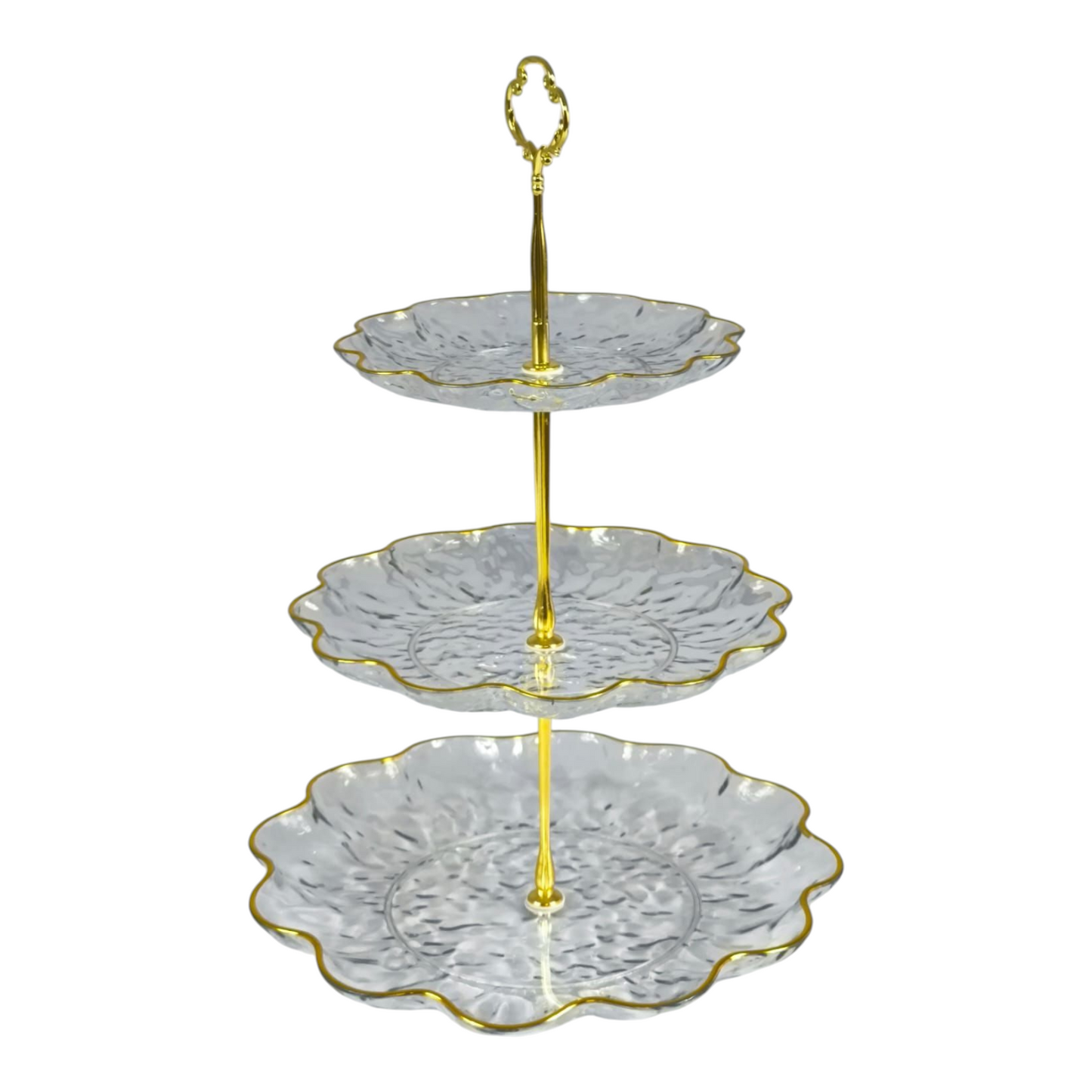 🍰 Soporte de Plástico de 3 Niveles con Bordes Dorados – Ideal para Postres y Aperitivos ✨