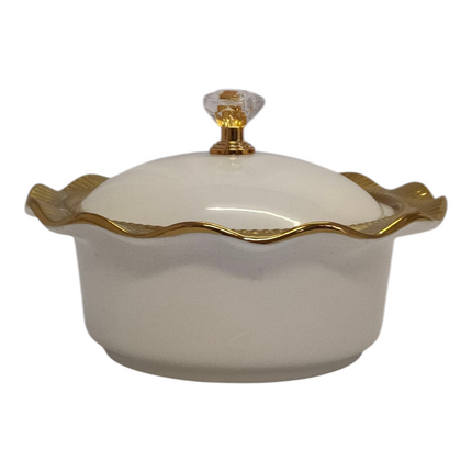 Conjunto de 4 taças de porcelana com tampas + suporte dourado — Tabuleiro para aperitivos/condimentos