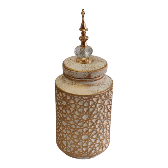 Jarrón Decorativo Árabe Dorado y Blanco con Tapa –37cm