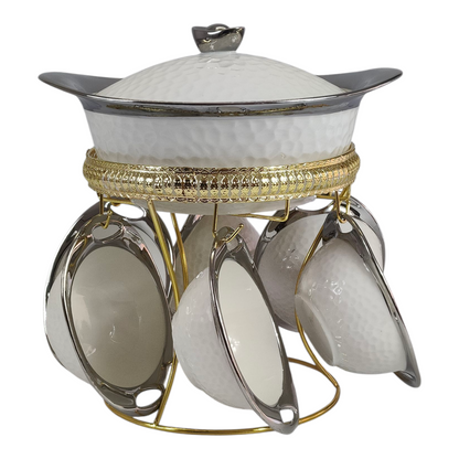 Set de Sopera de Cerámica con Tapadera + 6 Cuencos con Soporte Dorado - Diseño Martillado Blanco y Plateado