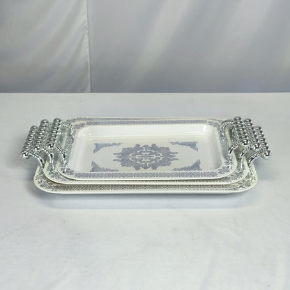 Conjunto de 3 Tabuleiros em Porcelana com Alças Prateadas – Apresentação Elegante