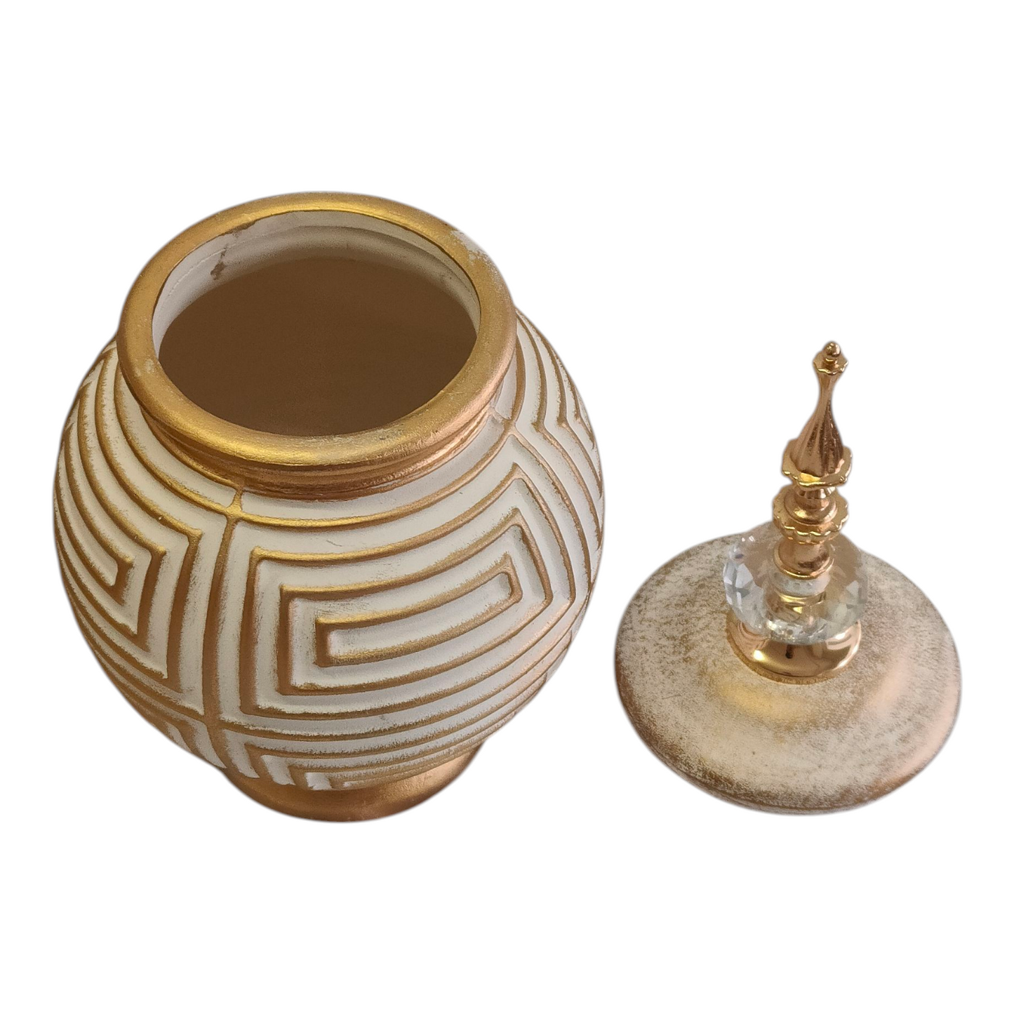 Jarrón Decorativo Árabe Redondo Dorado y Blanco con Tapa y Detalle de Cristal – 31cm