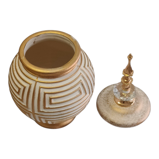 Jarrón Decorativo Árabe Redondo Dorado y Blanco con Tapa y Detalle de Cristal – 31cm