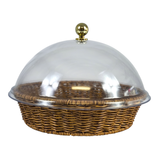 🍞 Cesta Redonda con Tapa Transparente – Diseño de Mimbre con Asa Dorada 🧺