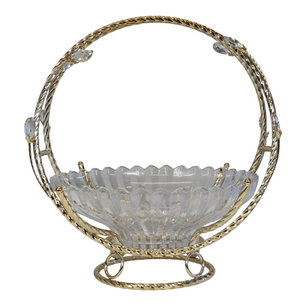 Frutero de Cristal con Asa Dorada y Detalles Decorativos – 28 cm