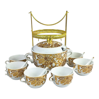 🍲 Set de Sopa de Cerámica con Detalles Dorados – 11 Piezas con Soporte ✨