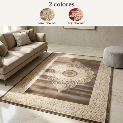 Alfombra Rubí con Medallón y Detalles Dorados — 2 colores: Vizón / Dorado, Rojo / Dorado