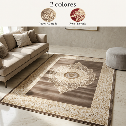 Alfombra Rubí con Medallón y Detalles Dorados — 2 colores: Vizón / Dorado, Rojo / Dorado
