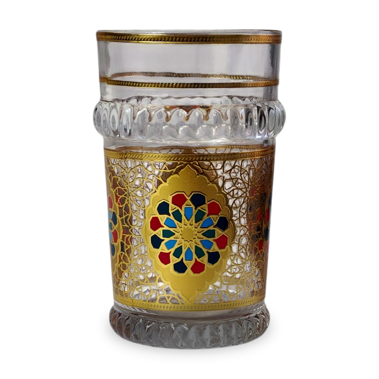 Vasos de Té Marroquí de Cristal Dorado | Motivo Zellige Multicolor