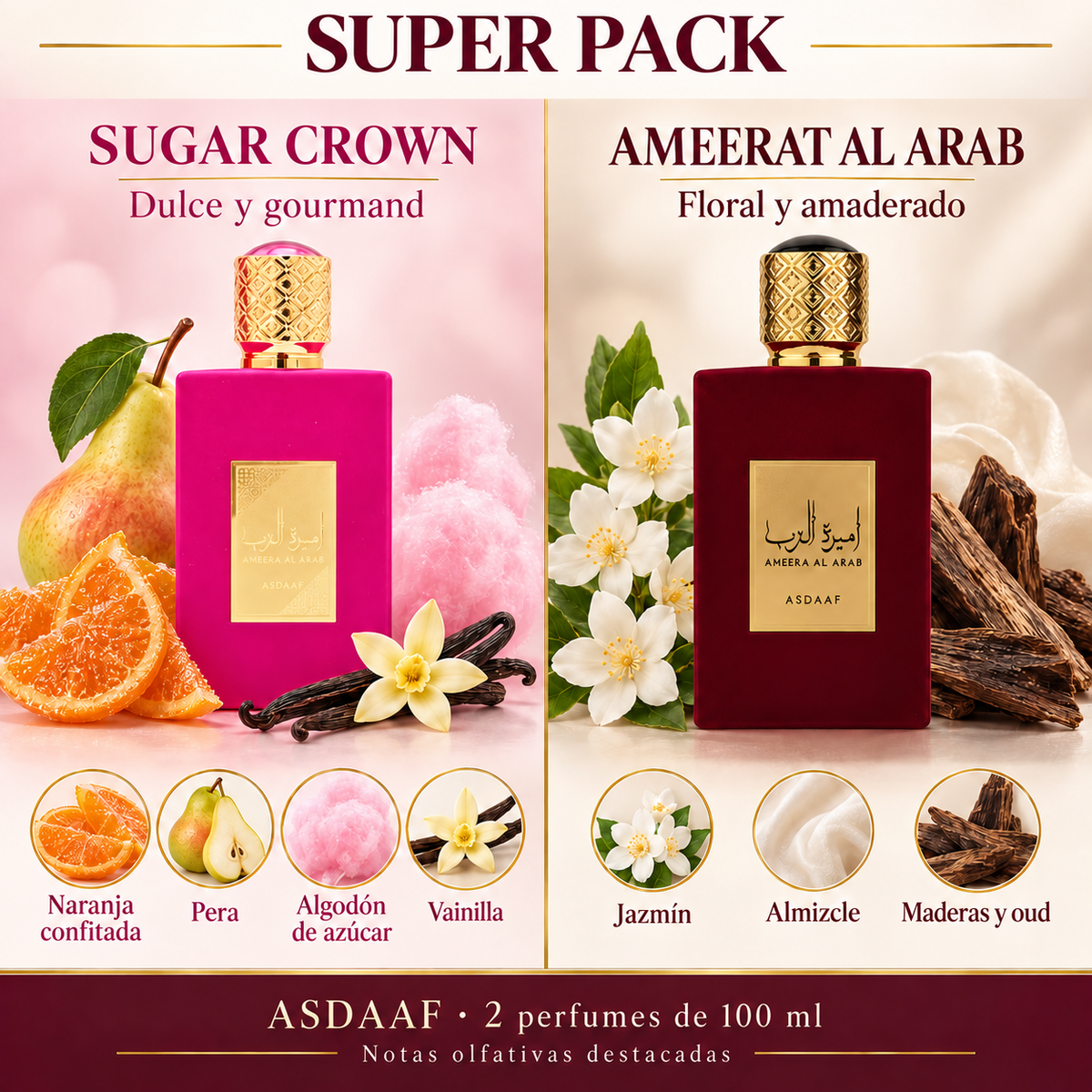 Notas olfativas de Sugar Crown y Ameerat al Arab de Asdaaf: comparativa de los dos perfumes del pack