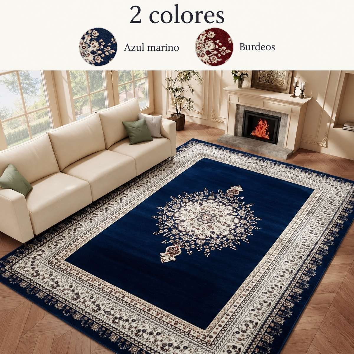 Alfombra Tabriz con Medallón Central Clásico — 2 colores: Azul marino, Burdeos