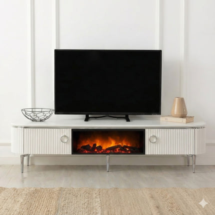 Mesa de TV com lareira digital - Branco com detalhes dourados