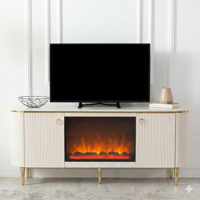 Mesa de TV com lareira digital - Branco com detalhes dourados
