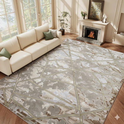 Alfombra Marmol 4D Beige / Dorado – Diseño Geométrico Elegante con Efecto Profundidad