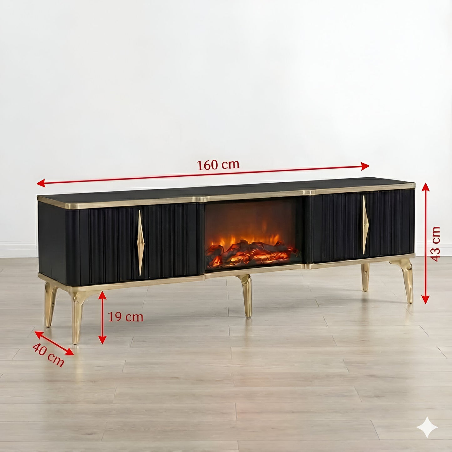 Mesa de TV con chimenea digital - NEGRO Y DORADO