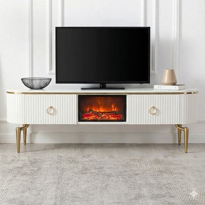 Mesa de TV con chimenea digital - BLANCO DORADO