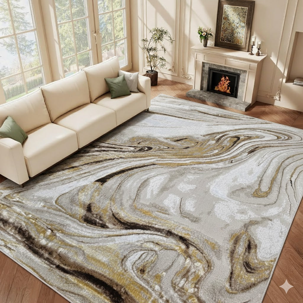 Alfombra Mármol Infinity Marrón / Dorado – Calidez Premium con Toque Sofisticado