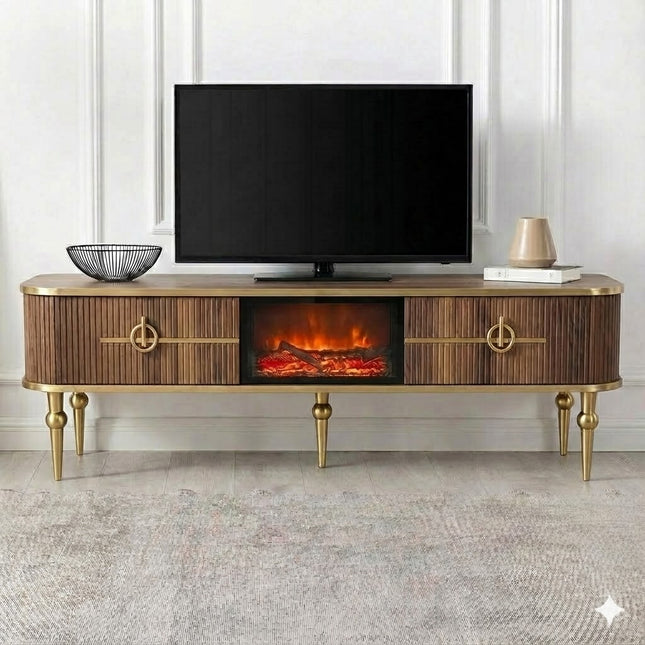 Mesa de TV com lareira digital - Branco com detalhes dourados