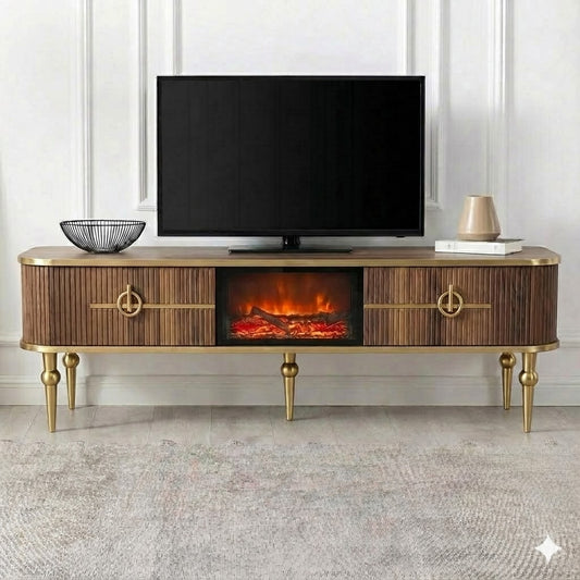 Mueble TV con Chimenea Eléctrica LED 3D Color Madera con Detalles Dorados – Bazar Al Madina Home