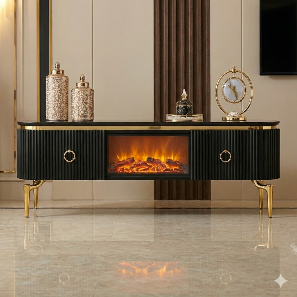Mesa de TV con chimenea digital - NEGRO DORADO