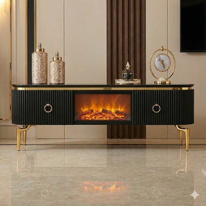 Mesa de TV con chimenea digital - NEGRO DORADO
