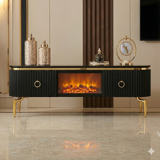Mesa de TV con chimenea digital - NEGRO DORADO