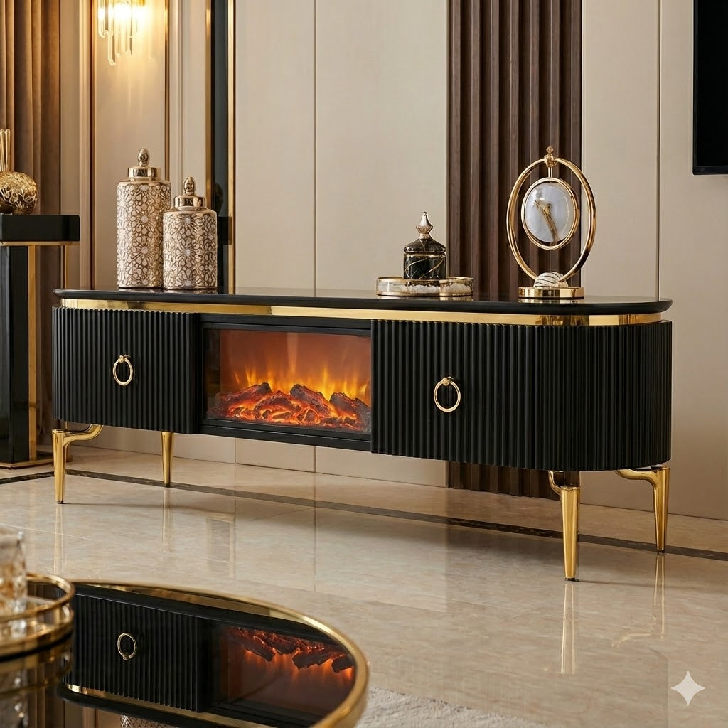 Mesa de TV con chimenea digital - NEGRO DORADO