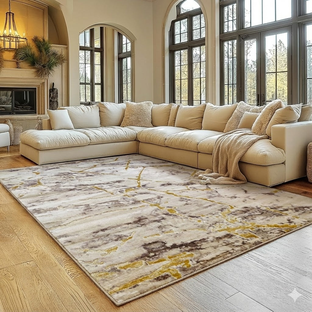Alfombra Diseño Mármol Crema con Detalles Dorados – Estilo Moderno y Refinado