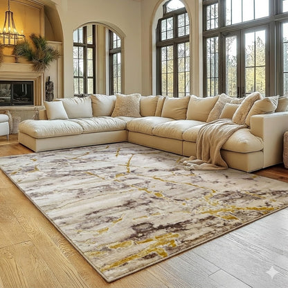 Alfombra Diseño Mármol Crema con Detalles Dorados – Estilo Moderno y Refinado
