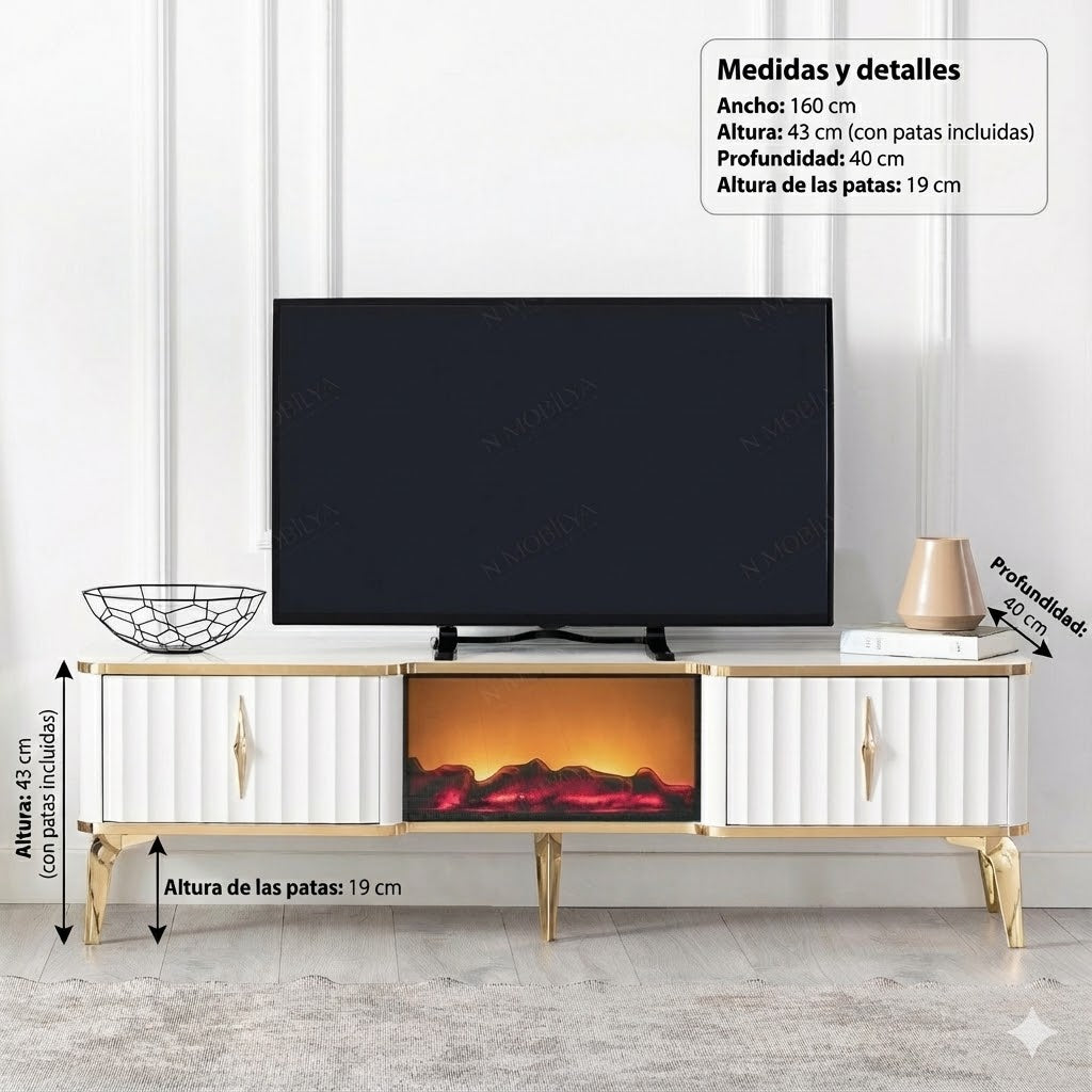 Mesa de TV con chimenea digital - COLOR BLANCO CON DETALLES EN DORADO