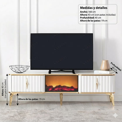 Mesa de TV con chimenea digital - COLOR BLANCO CON DETALLES EN DORADO