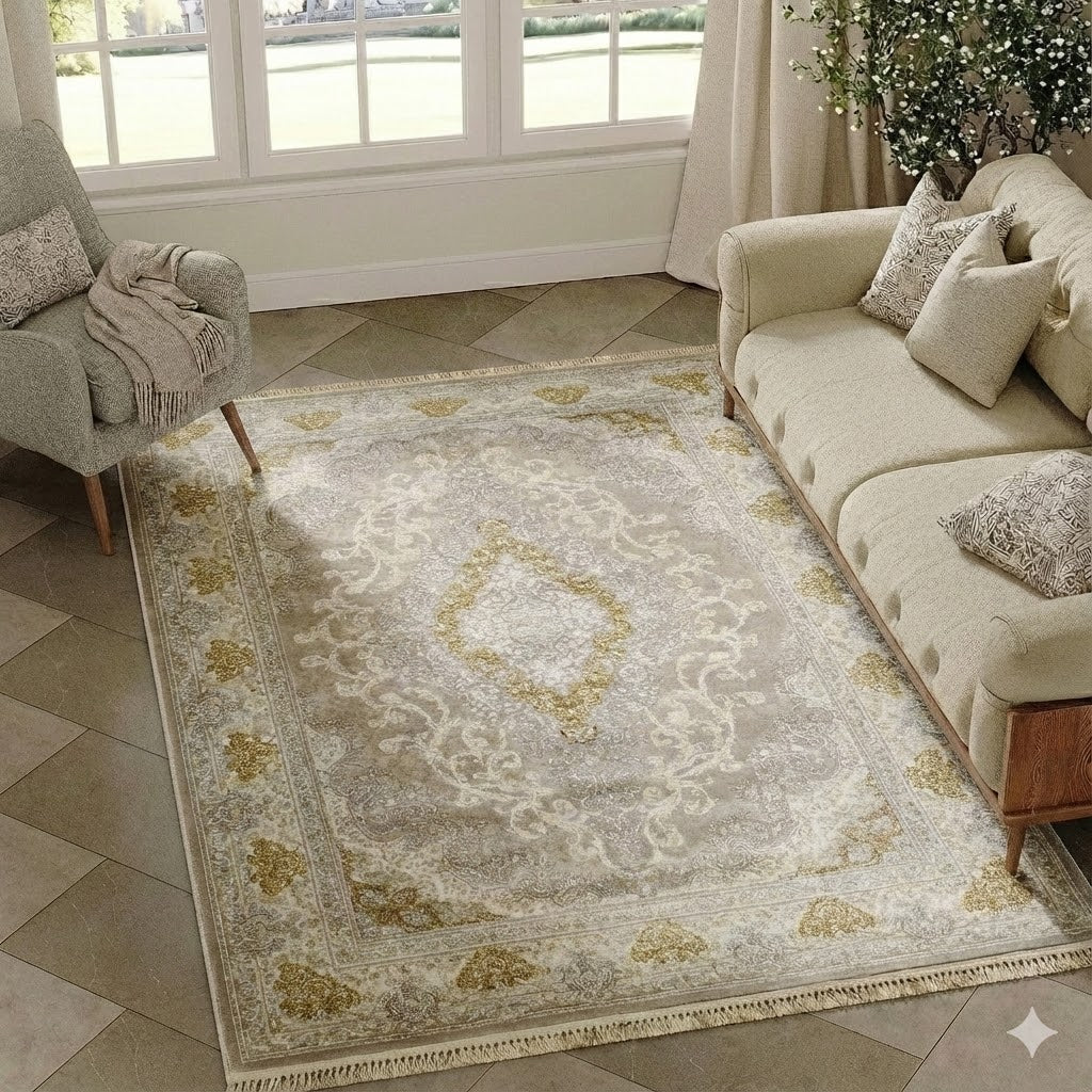Alfombra Diseño Arabia Beige Claro con Detalles en Crema – Estilo Suave y Luminoso de Oriente Medio