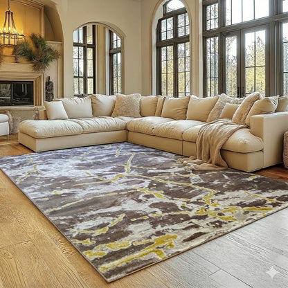 Alfombra Diseño Mármol Marrón con Detalles Dorados – Decoración Sofisticada y Cálida
