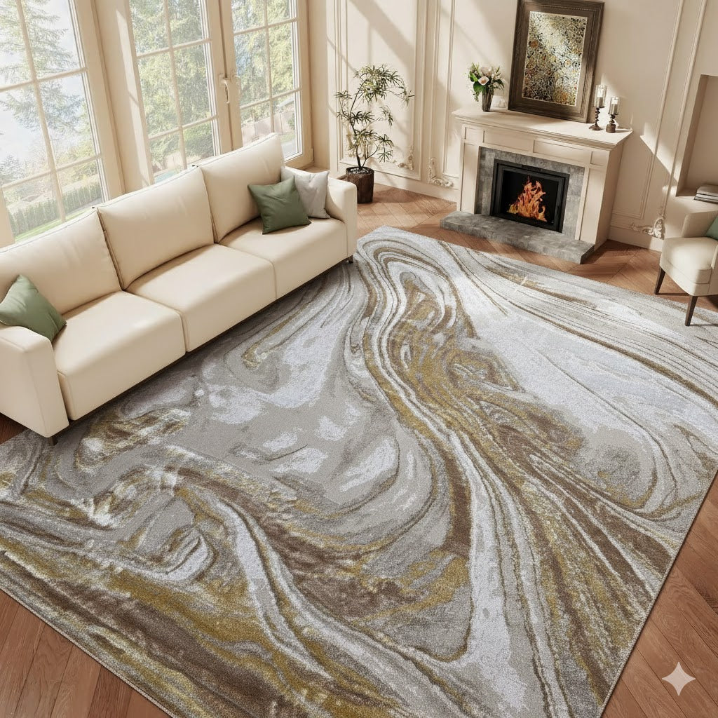 Alfombra Mármol Infinity Beige / Dorado – Estilo Luminoso y Elegante