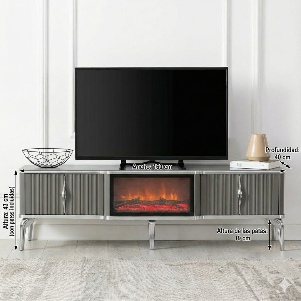 Mesa de TV con chimenea digital - COLOR GRIS CON DETALLES EN PLATEADO