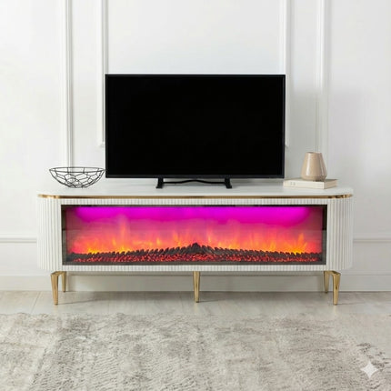 Mesa de TV com lareira digital - Branco com detalhes dourados
