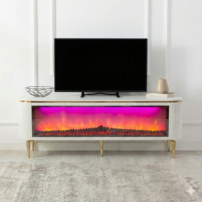 Mesa de TV com lareira digital - Branco com detalhes dourados