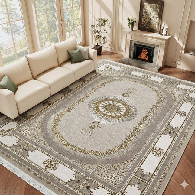 Alfombra NADOR Vizon y Crema con Marco Decorativo y Medallón Central ✨🤎🤍 — Estilo Tradicional Elegante con Profundidad y Contraste