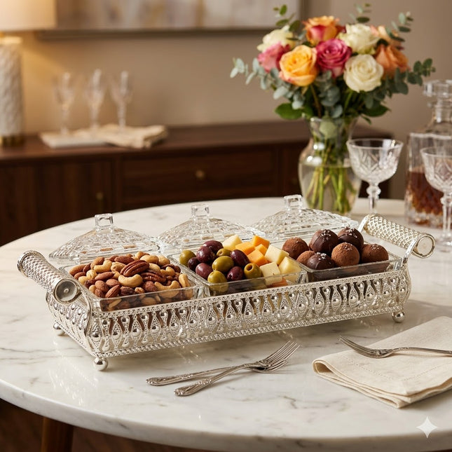 Elegante set de recipientes de cristal con base decorativa en metal plateado