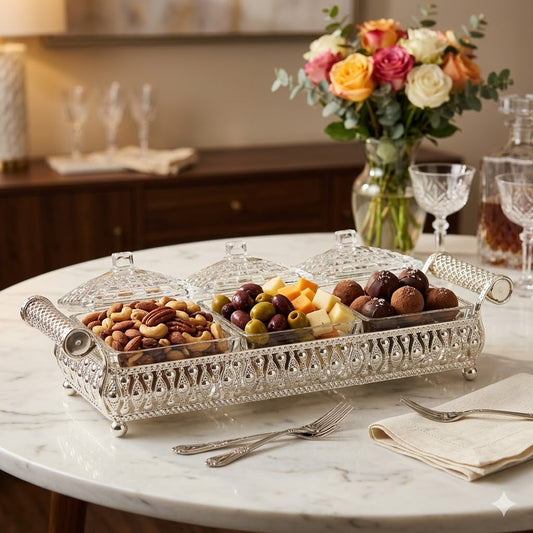 Elegante set de recipientes de cristal con base decorativa en metal plateado