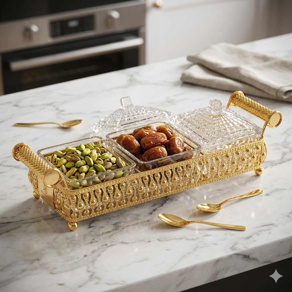 Elegante set de recipientes de cristal con base decorativa en metal dorado 💛