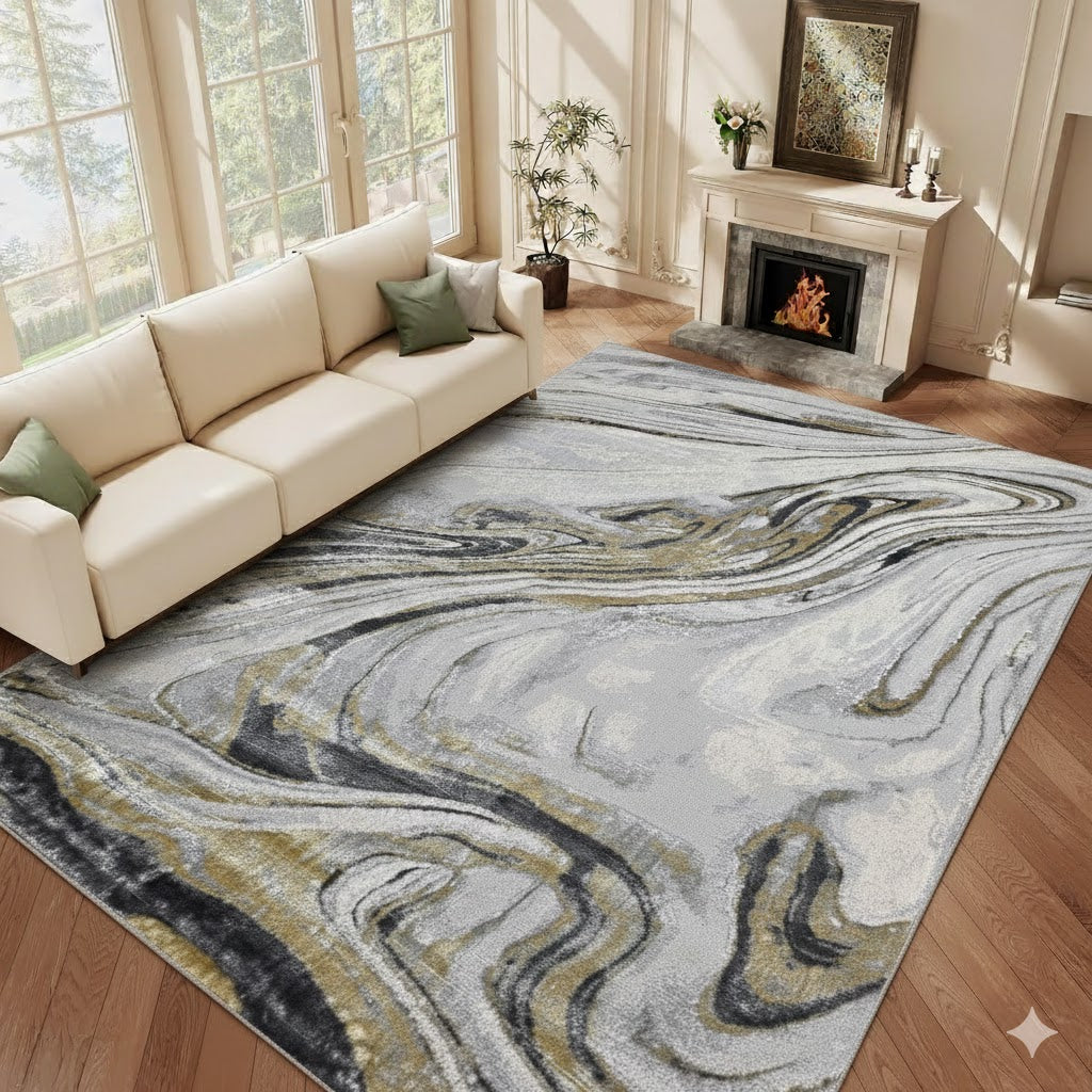 Alfombra Mármol Infinity Gris Oscuro / Dorado – Diseño Moderno con Vetas Elegantes