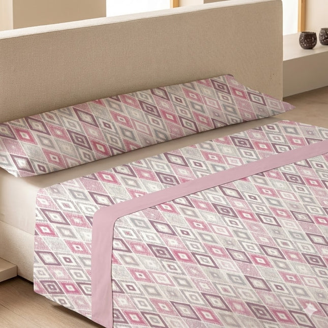 Jogo de lençóis de 3 peças em polar coral com estampado de losangos, malva/rosa | Lençóis térmicos de inverno | 100% poliéster
